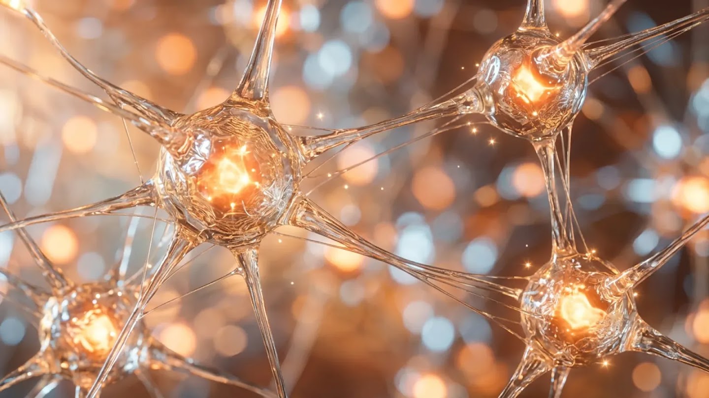 A highly detailed, microscopic-style digital rendering of glowing orange neurons connected by translucent, glass-like fibers. The background is filled with warm, soft-focus bokeh lights, suggesting a complex and shimmering neural network.