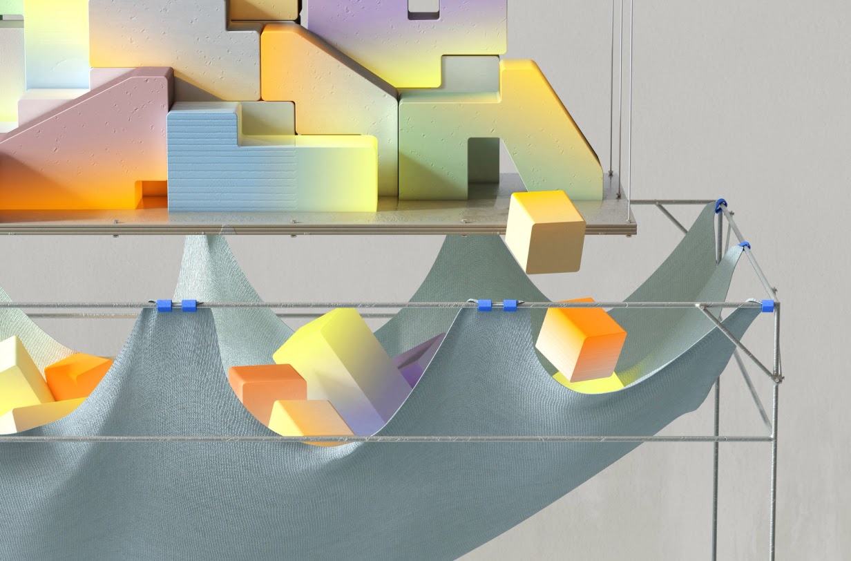 Colorful blocks with a blanket to catch them below.