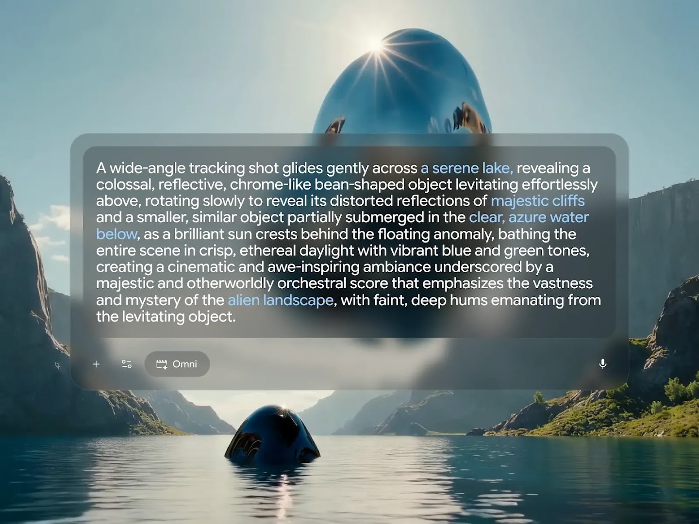 A Gemini Omni interface overlays a cinematic scene of a giant reflective object floating above an azure lake, displaying a detailed prompt with location-related text highlighted in blue.
