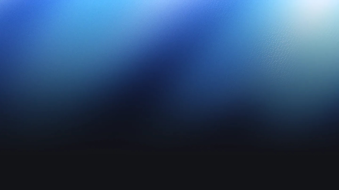 A grainy blue gradient background fading to black, with a bright glow and a subtle star-like pattern in the top-right corner.
