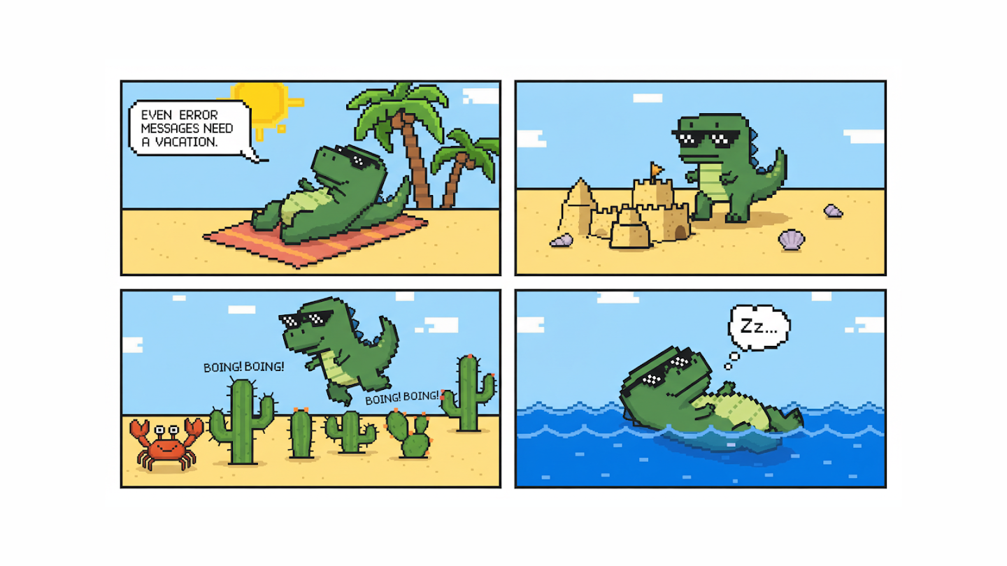 AI-generated image of: a four-panel pixel art comic titled "EVEN ERROR MESSAGES NEED A VACATION," showing a green dinosaur wearing sunglasses while sunbathing, building a sandcastle, jumping over cacti, and floating in the sea