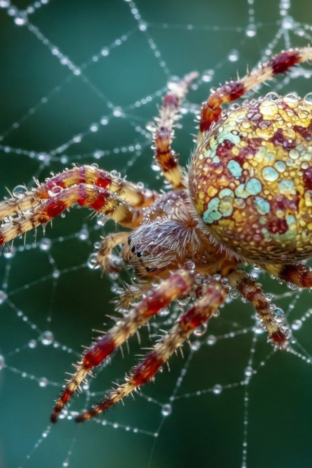 A close-up of a colorful, spiny orb-weaver spider covered in dew droplets on its web.