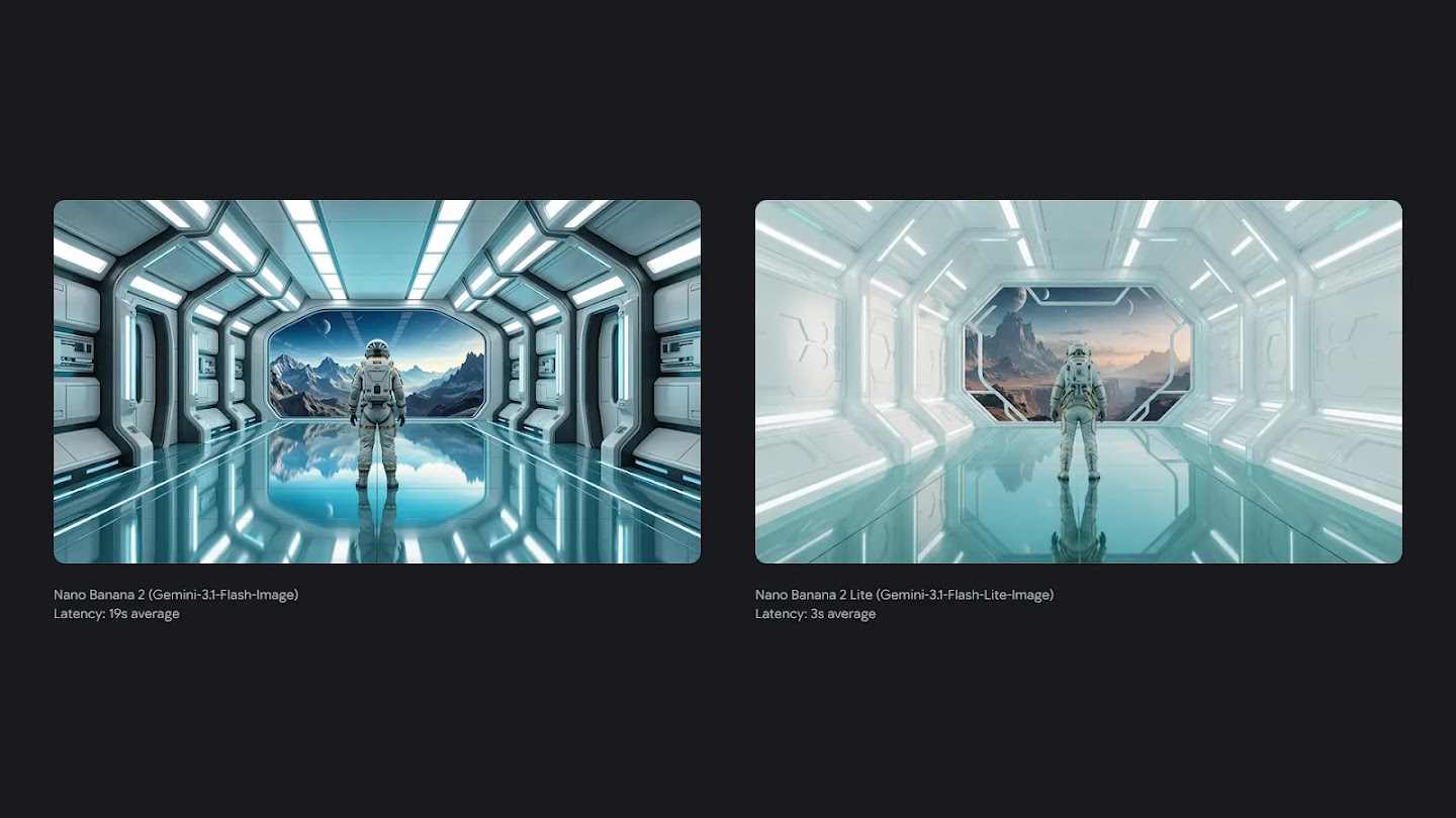 Side-by-side comparison of futuristic astronaut images generated by Nano Banana 2 and Nano Banana 2 Lite.