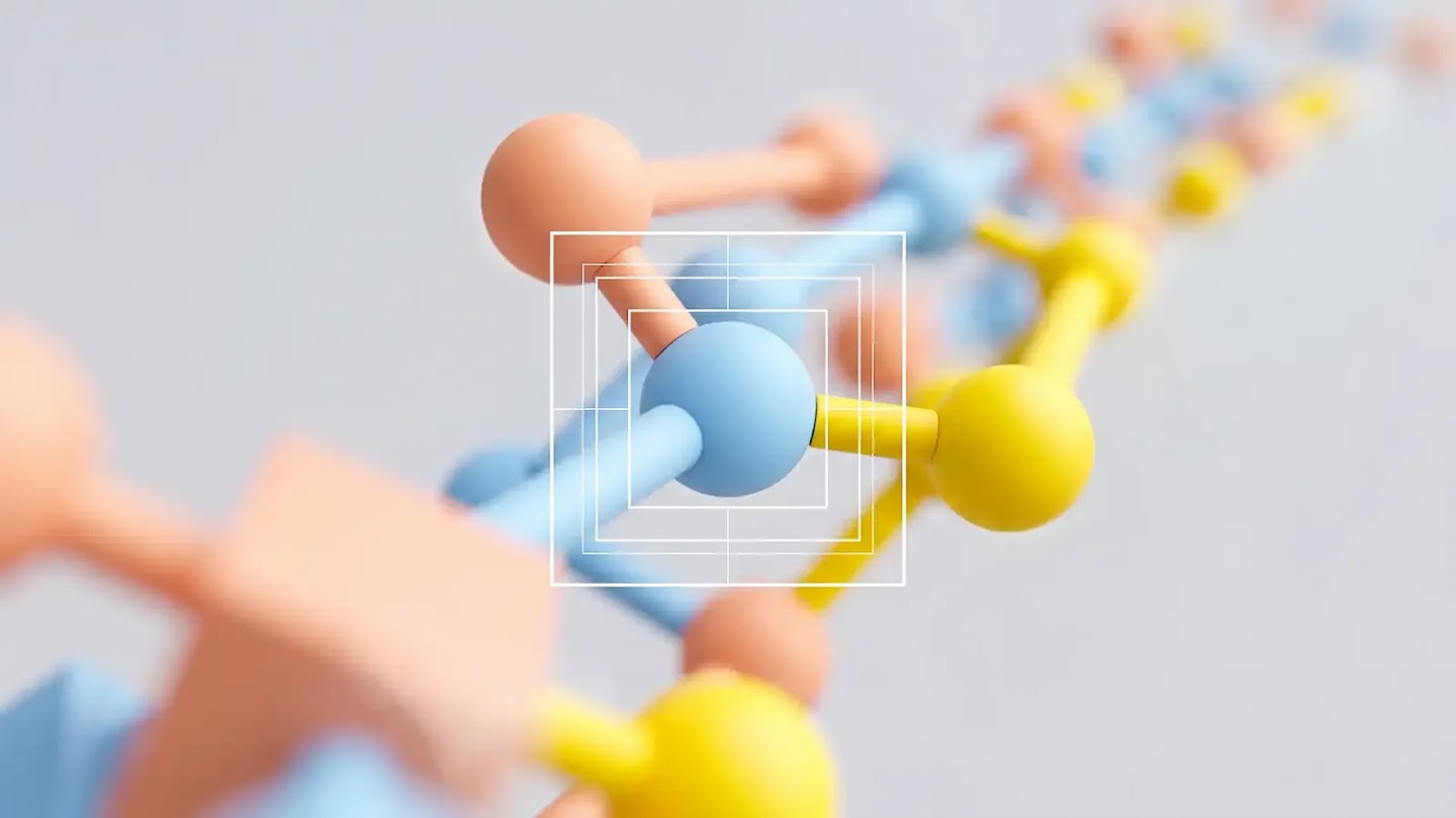A pastel-colored molecular model structure with a white geometric line icon overlay.