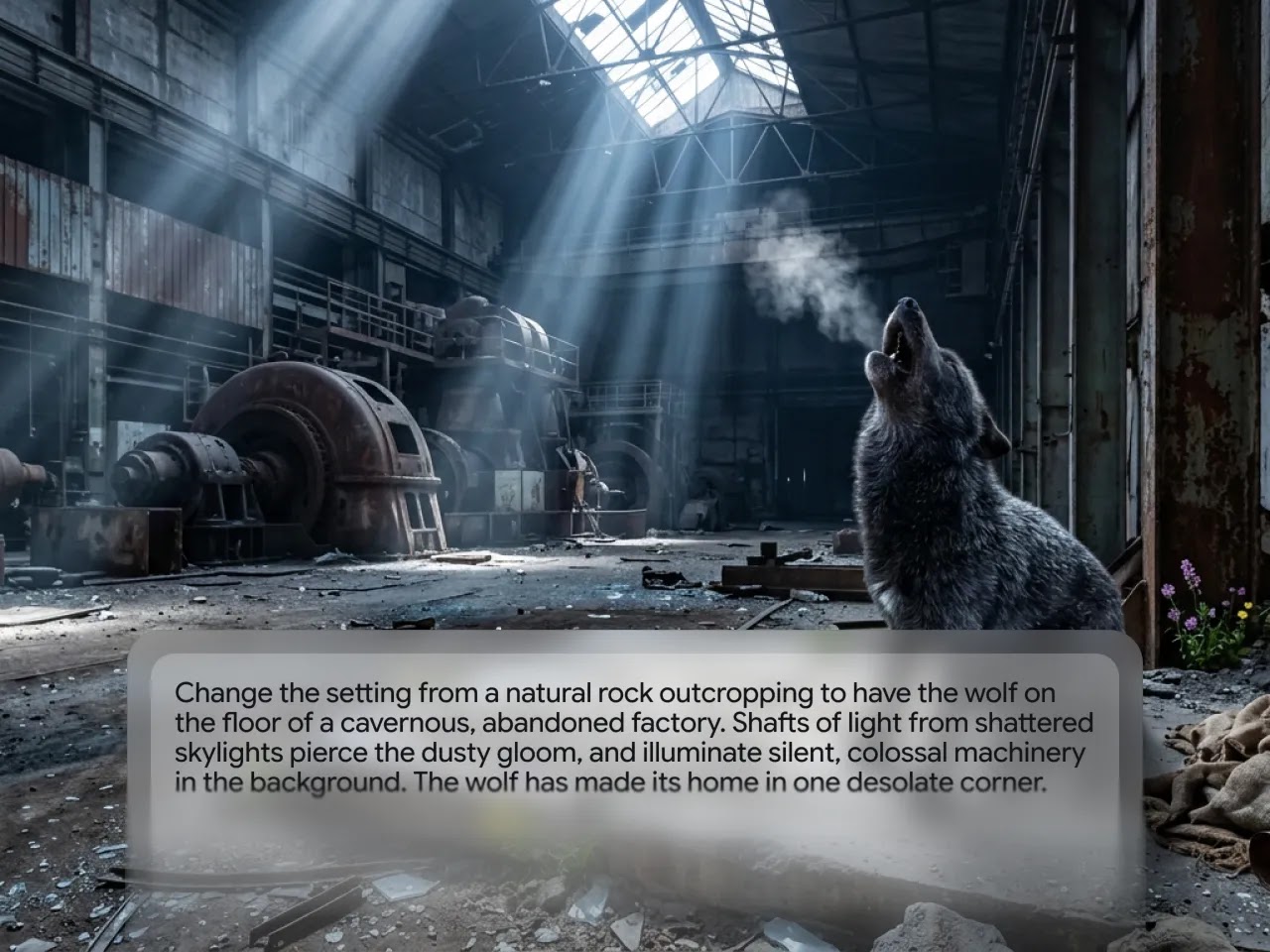 A cinematic shot of a black wolf howling inside a massive, abandoned factory.