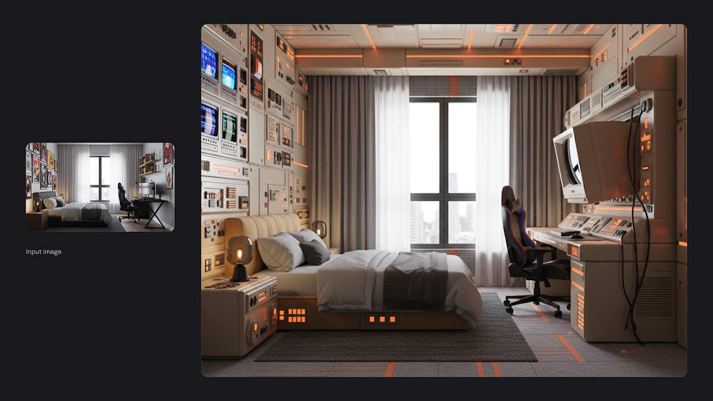 AI-generated image of: a side-by-side comparison showing a room restyling. On the left is an input image of a modern, simple bedroom. On the right, the generated output shows the bedroom completely transformed into a 