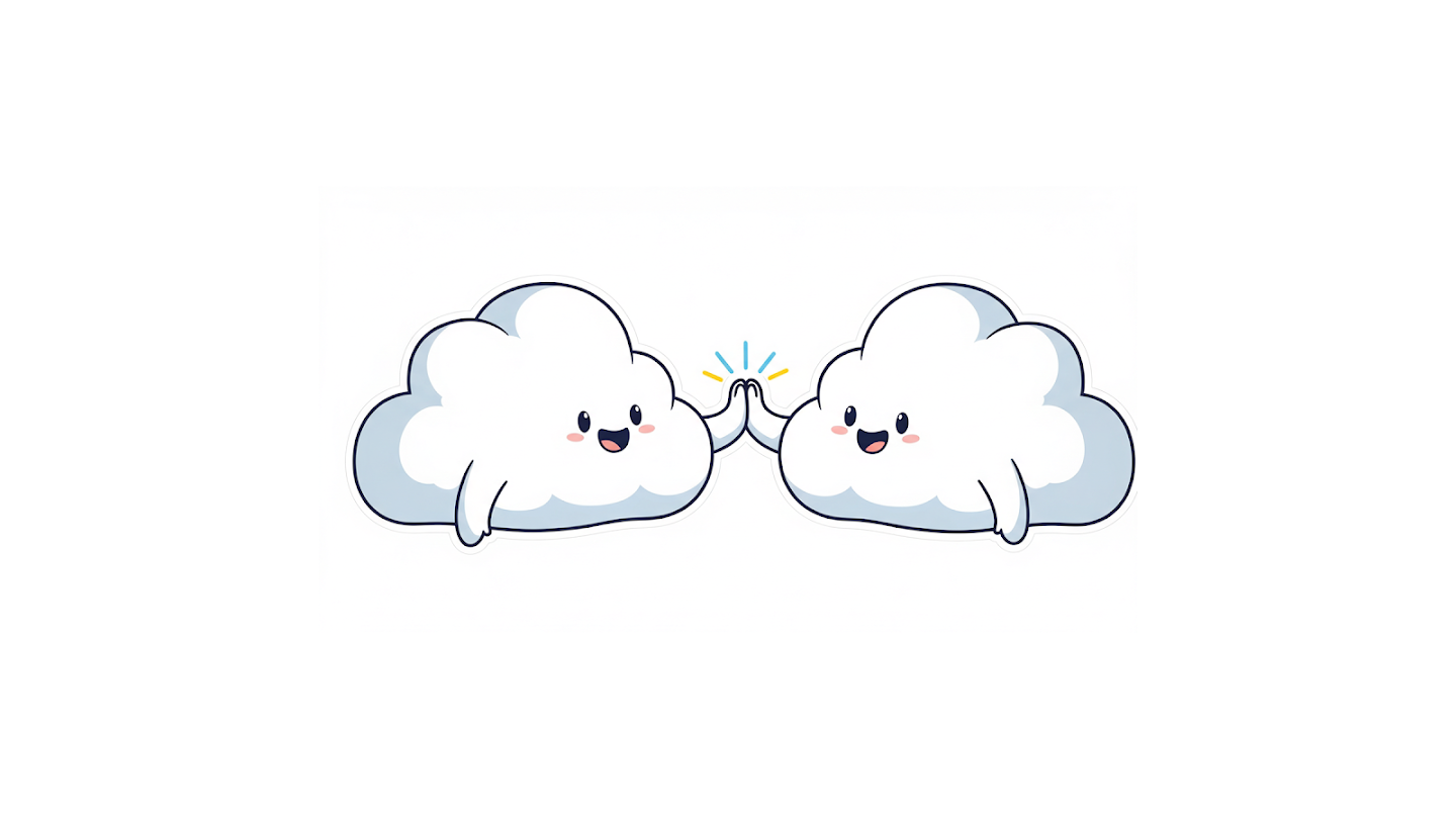 AI-generated image of: a sticker of two cute, smiling cartoon clouds giving each other a high-five, with a small yellow and blue spark between their hands