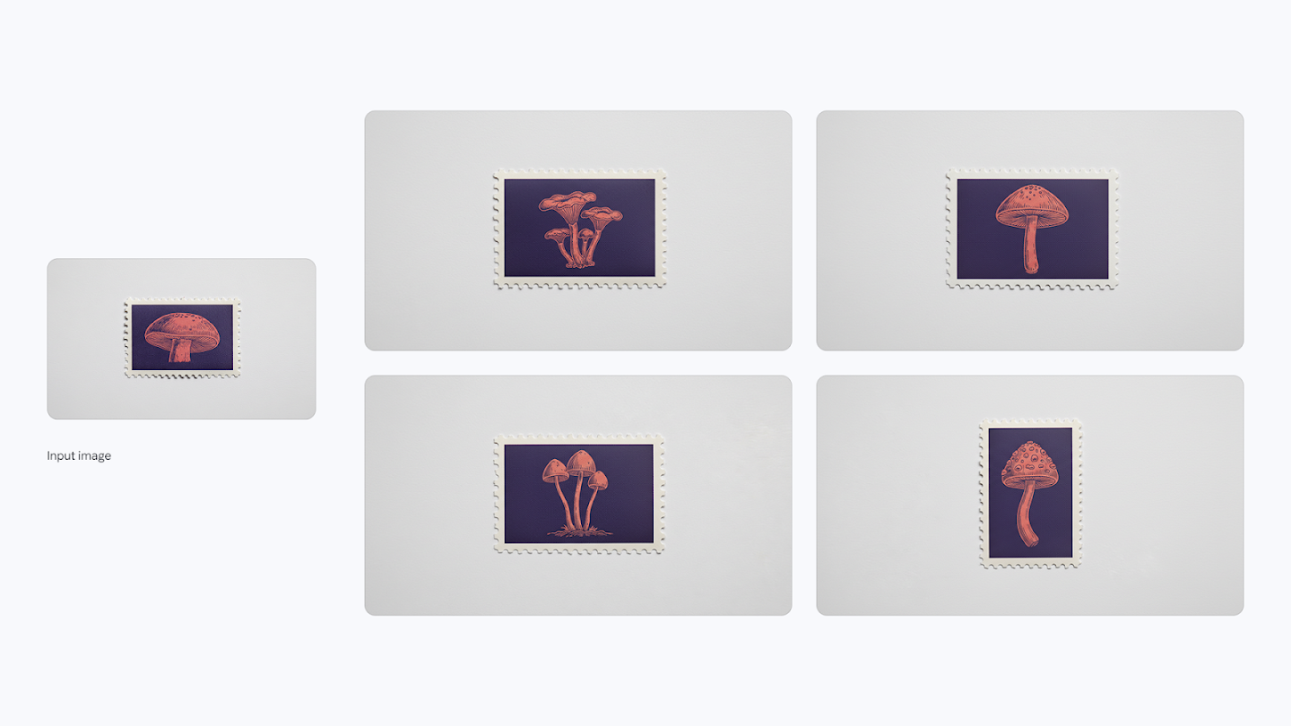 AI-generated image of: a side-by-side comparison showing image variation generation. On the left is an input image of a postage stamp with a mushroom illustration. On the right, a 2x2 grid shows four different generated postage stamps, each featuring a unique red and orange mushroom illustration in the same stylistic dark background and perforated border as the input.