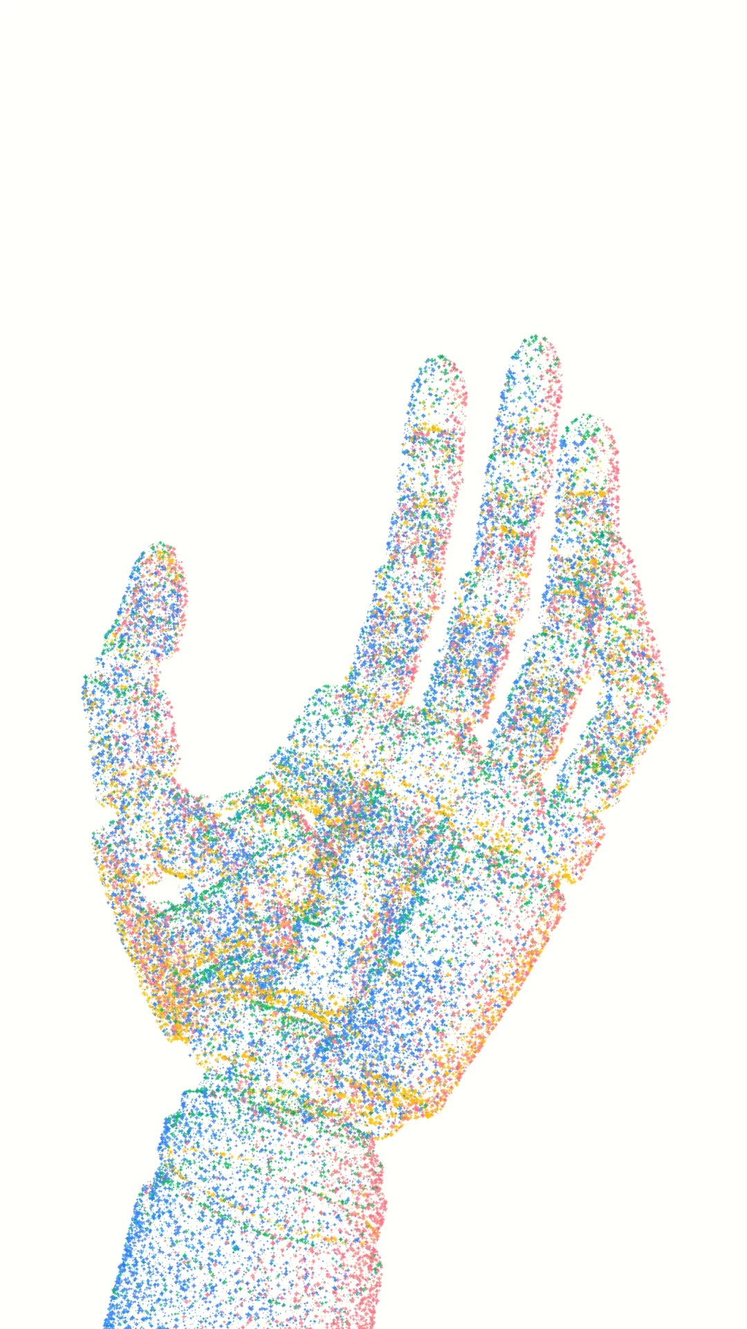 An abstract hand formed by multicolored digital particles on a white background, representing the robotic dexterity of Gemini Robotics 2.