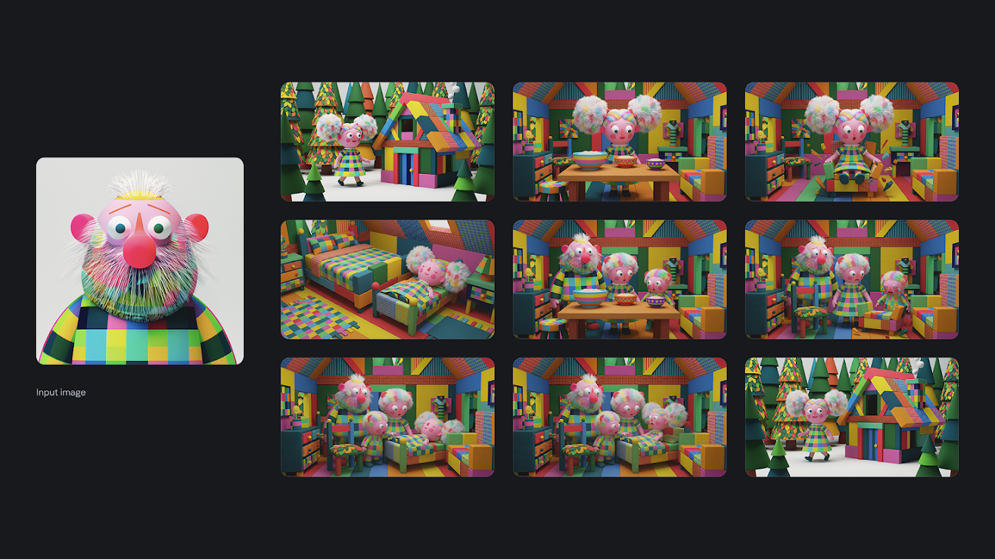 A demonstration of consistent character style in AI image generation. On the left is a labeled 'Input image' featuring a close-up 3D render of a man with pink skin, a bulbous nose, a rainbow-colored beard, and a checkered shirt. On the right is a grid of nine scene illustrations retelling the story of 'Goldilocks and the Three Bears' in the same vibrant, colorful, patchwork aesthetic. The scenes depict a girl with colorful pigtails entering a geometric house, eating porridge, breaking a chair, sleeping in a bed, and finally being discovered by a family of three—who all share the input character's distinct colorful beard and style—before she runs away.