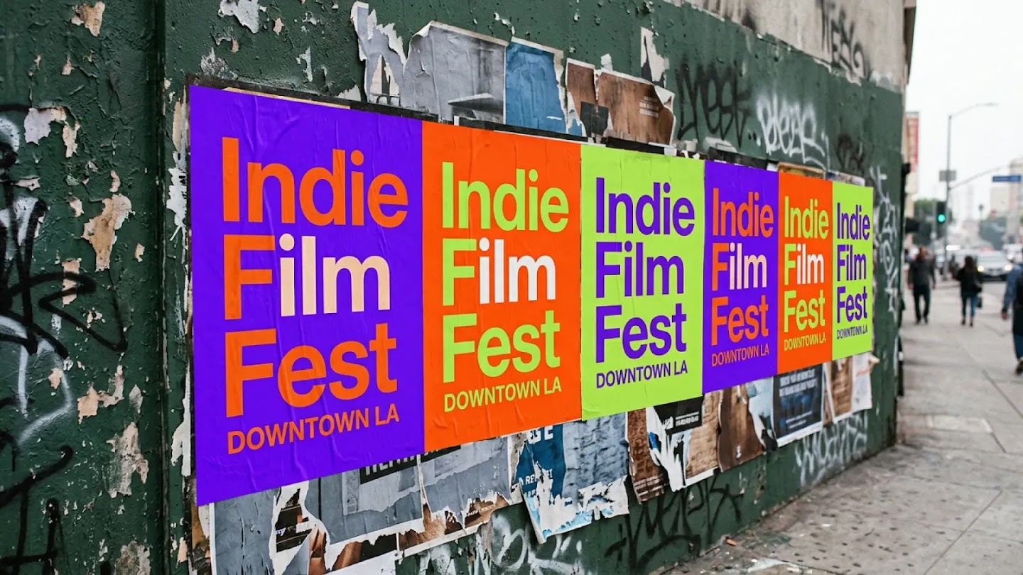 A row of colorful posters for an "Indie Film Fest" in "DOWNTOWN LA" is pasted onto a weathered, dark green urban wall. The posters alternate in bold color schemes: purple with orange text, orange with light green text, and light green with purple text.