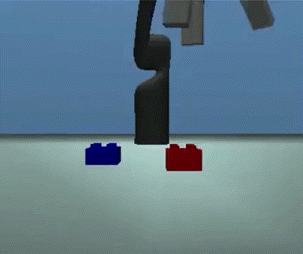 Animation of a robotic arm with one blue and one red lego piece. It flips over the red lego piece.