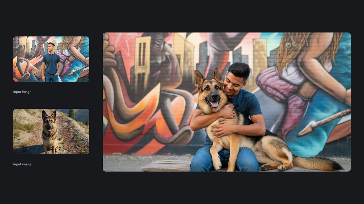 AI-generated image of: a side-by-side comparison showing image merging. On the left are two separate input images: one of a man standing in front of a colorful graffiti wall, and the other of a German Shepherd dog sitting on a rocky path. On the right, the generated output shows the man sitting and hugging the German Shepherd, with a vibrant, abstract graffiti-style mural background.