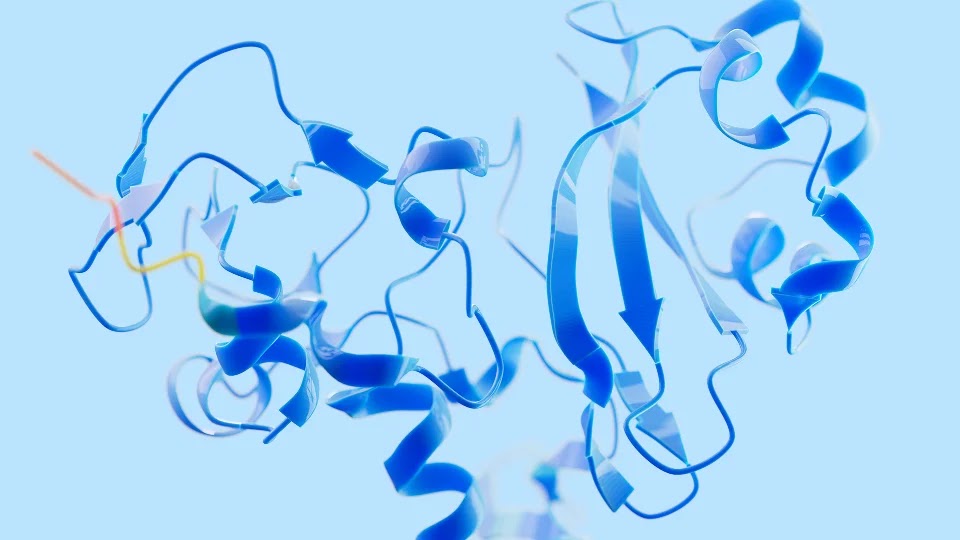 A 3D scientific rendering of a complex protein structure on a light blue background, depicted as a series of interconnected blue ribbons and spirals, with a small, highlighted section colored in yellow and orange.