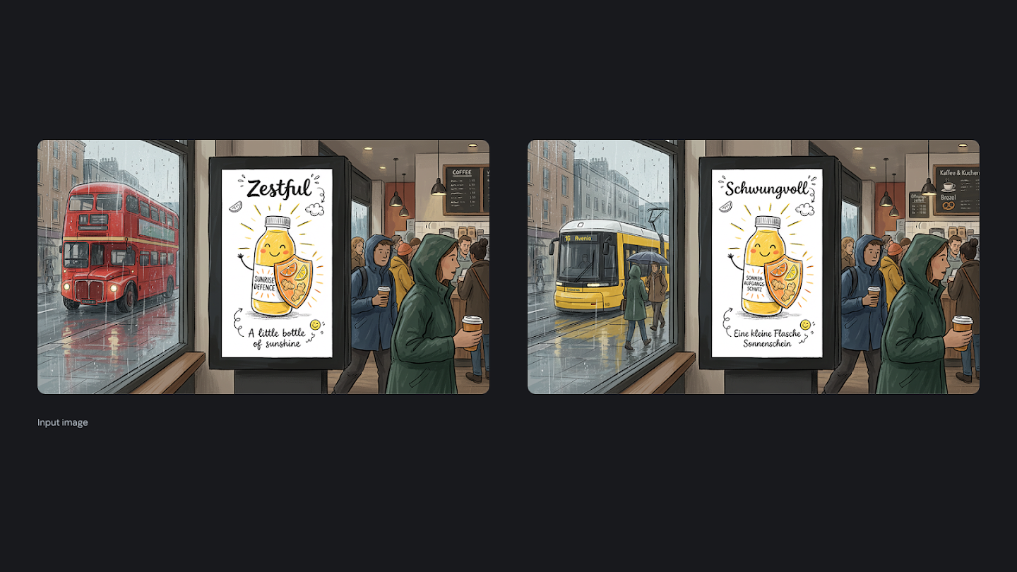An illustration comparison showing how a coffee shop scene is culturally adapted from the UK to Germany. The left image features a red double-decker bus outside and a poster for 'Zestful' juice in English. The right image replaces the bus with a yellow tram, changes the café menu to list 'Kaffee & Kuchen,' and translates the juice poster to German, titled 'Schwungvoll.'