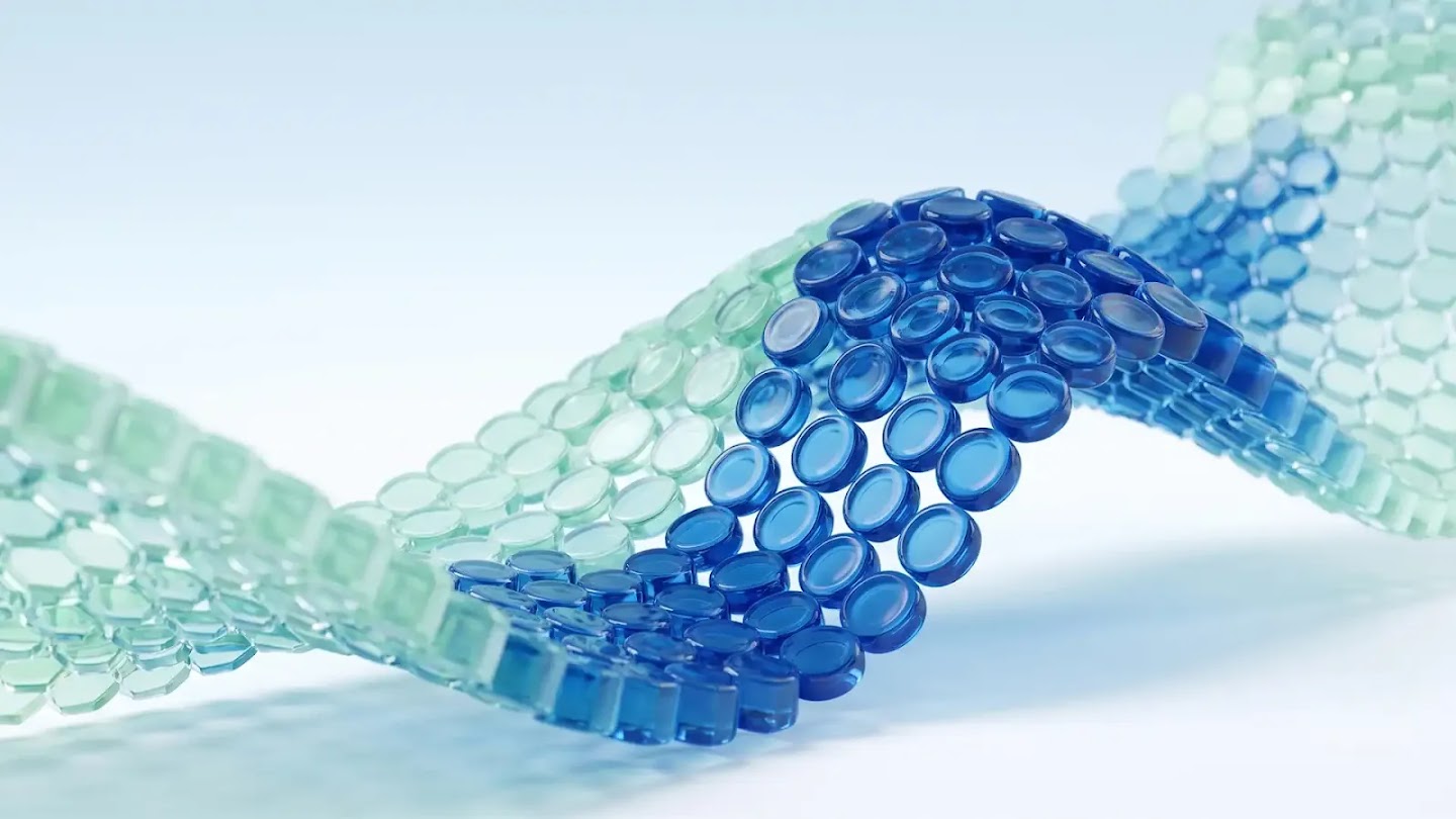 A digital art piece featuring a wavy, DNA-like double helix structure made of translucent, glossy glass-like discs in shades of blue and green, set against a soft light-blue background.