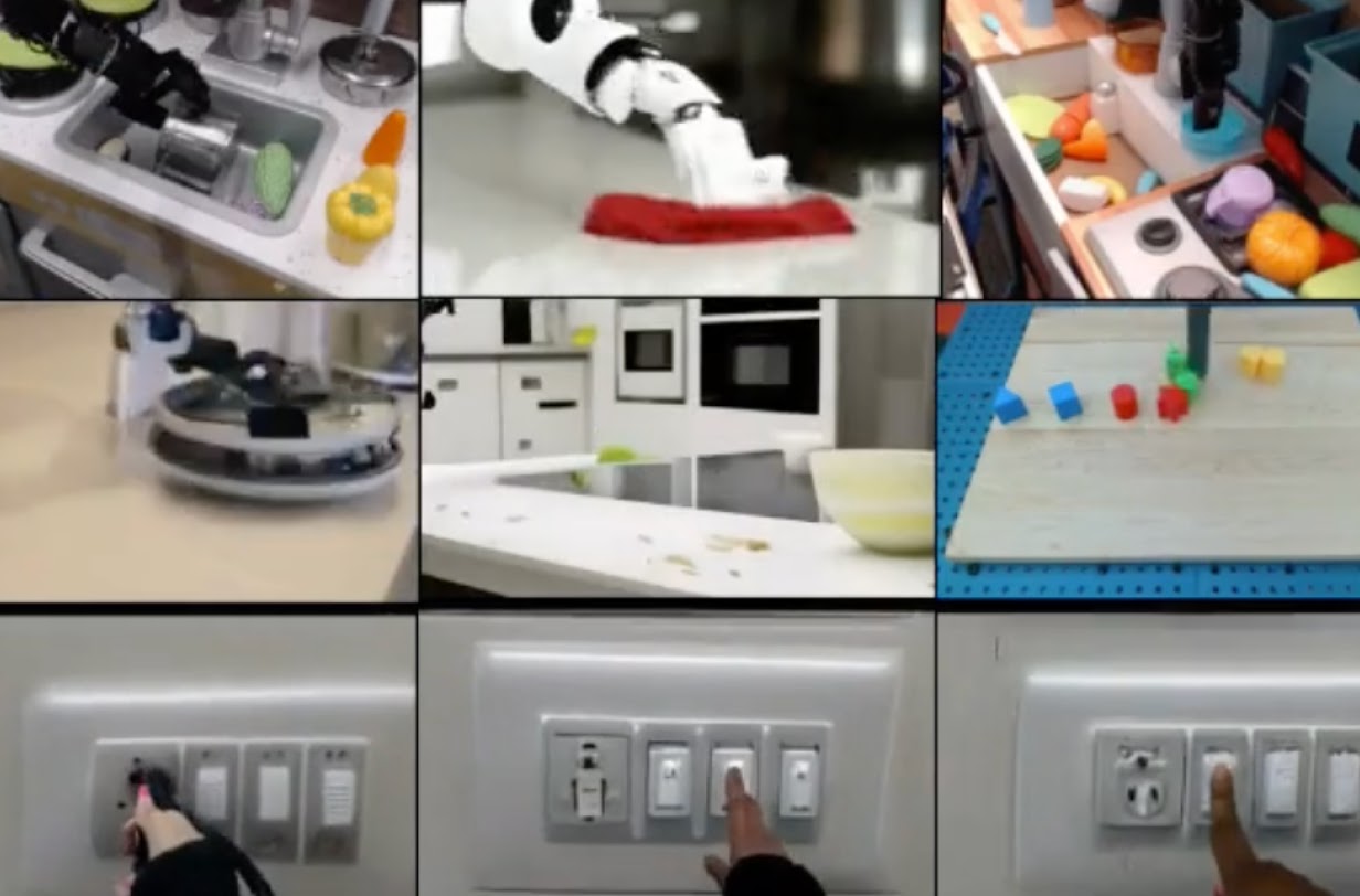 A grid of photos of actions: light switches, robotic arms cleaning and blocks on a table.