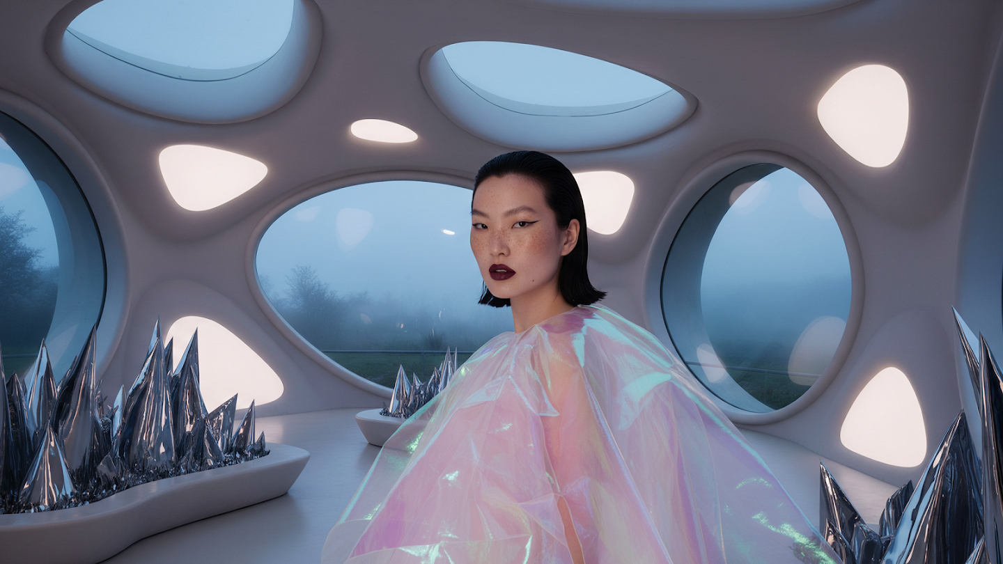 AI-generated image of: a woman in a smooth, organic white room, wearing a highly textured, crinkled iridescent cape that contrasts with jagged, chrome-like floor sculptures