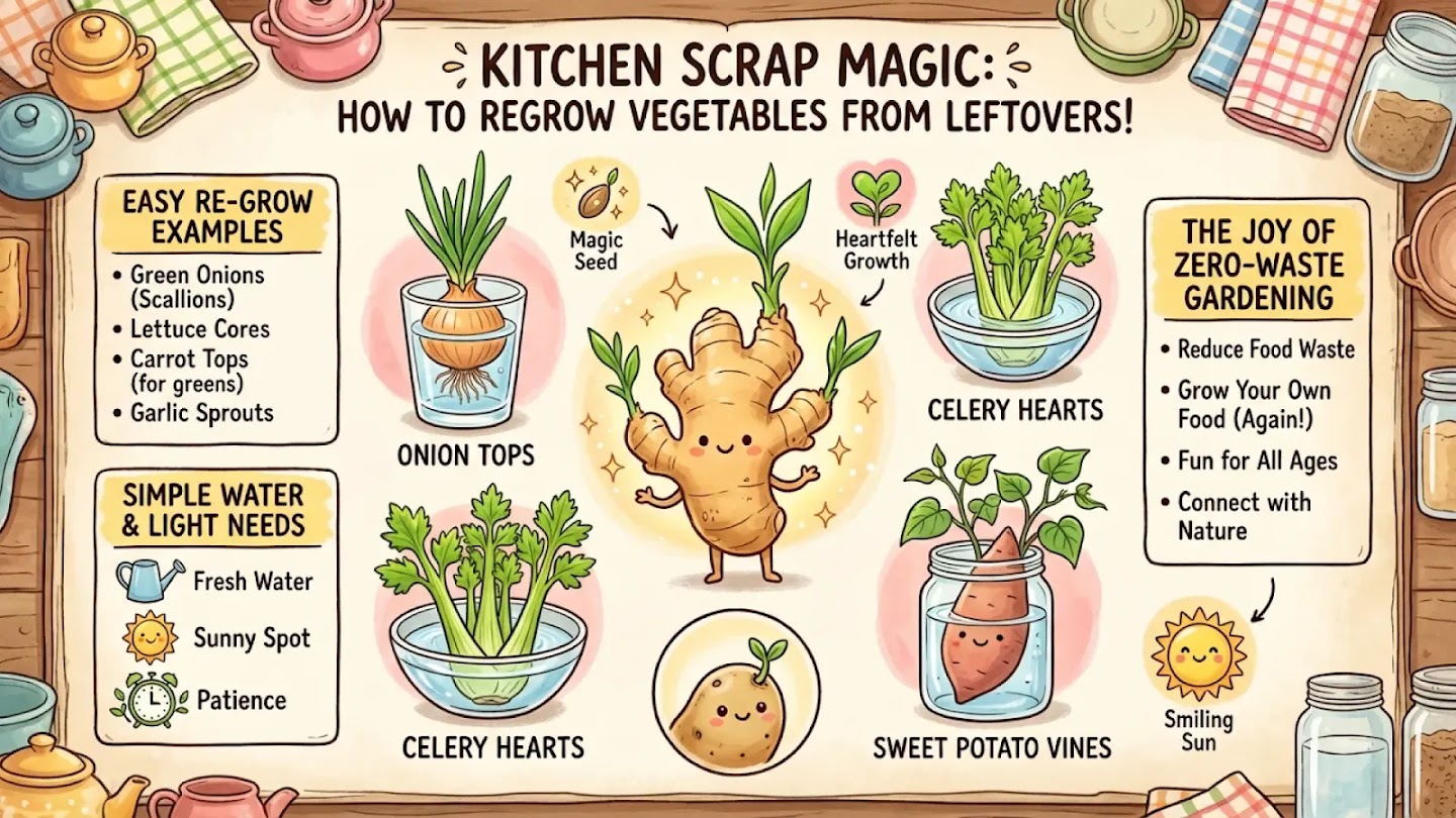 A colorful illustration titled "Kitchen Scrap Magic" showing how to regrow vegetables like onions, celery, and sweet potatoes in water. It includes tips for zero-waste gardening.