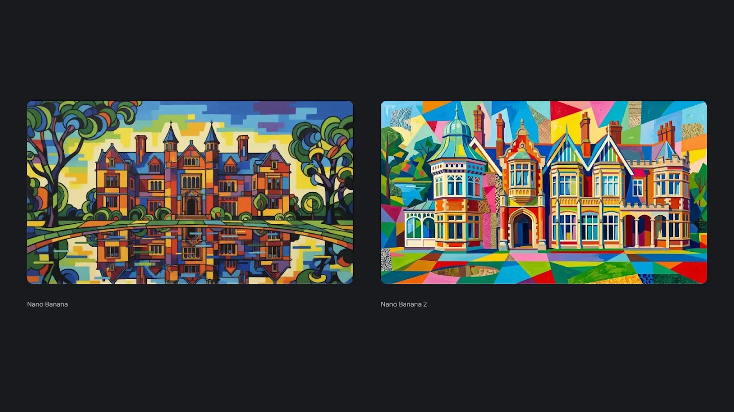The final image consists of two side-by-side vibrant, abstract illustrations of grand manor houses. The left image, labeled "Nano Banana," depicts a symmetrical building with multiple chimneys reflected in a foreground pond, rendered in a colorful, stained-glass mosaic style with thick black outlines. The right image, labeled "Nano Banana 2," shows a detailed estate with a prominent bay window and teal-domed turret, presented in a high-contrast cubist style featuring sharp geometric shapes and bold, multi-colored patterns.
