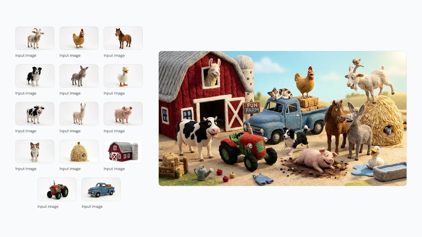 A collage showing individual felt-textured farm characters and items on the left, with a main image on the right featuring them all interacting in a farmyard with a barn, tractor, and truck.