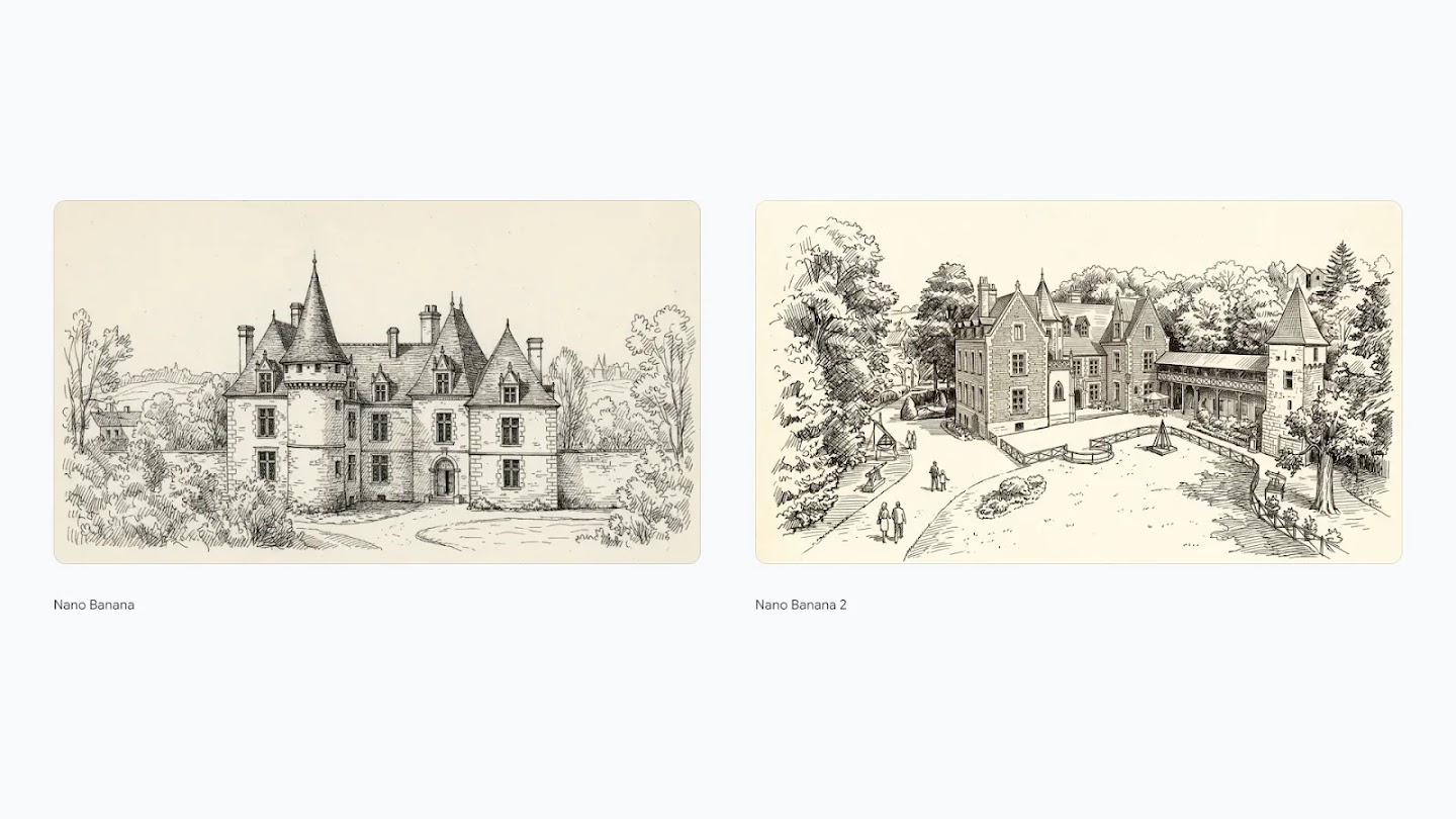 Two side-by-side black and white ink sketches of grand estates on a cream-colored background: the left image, labeled "Nano Banana," shows a classic stone chateau with a prominent circular turret and high-pitched gables; the right image, labeled "Nano Banana 2," depicts a larger manor complex with an attached covered walkway, a separate stone tower, and small figures of people walking along the grounds.