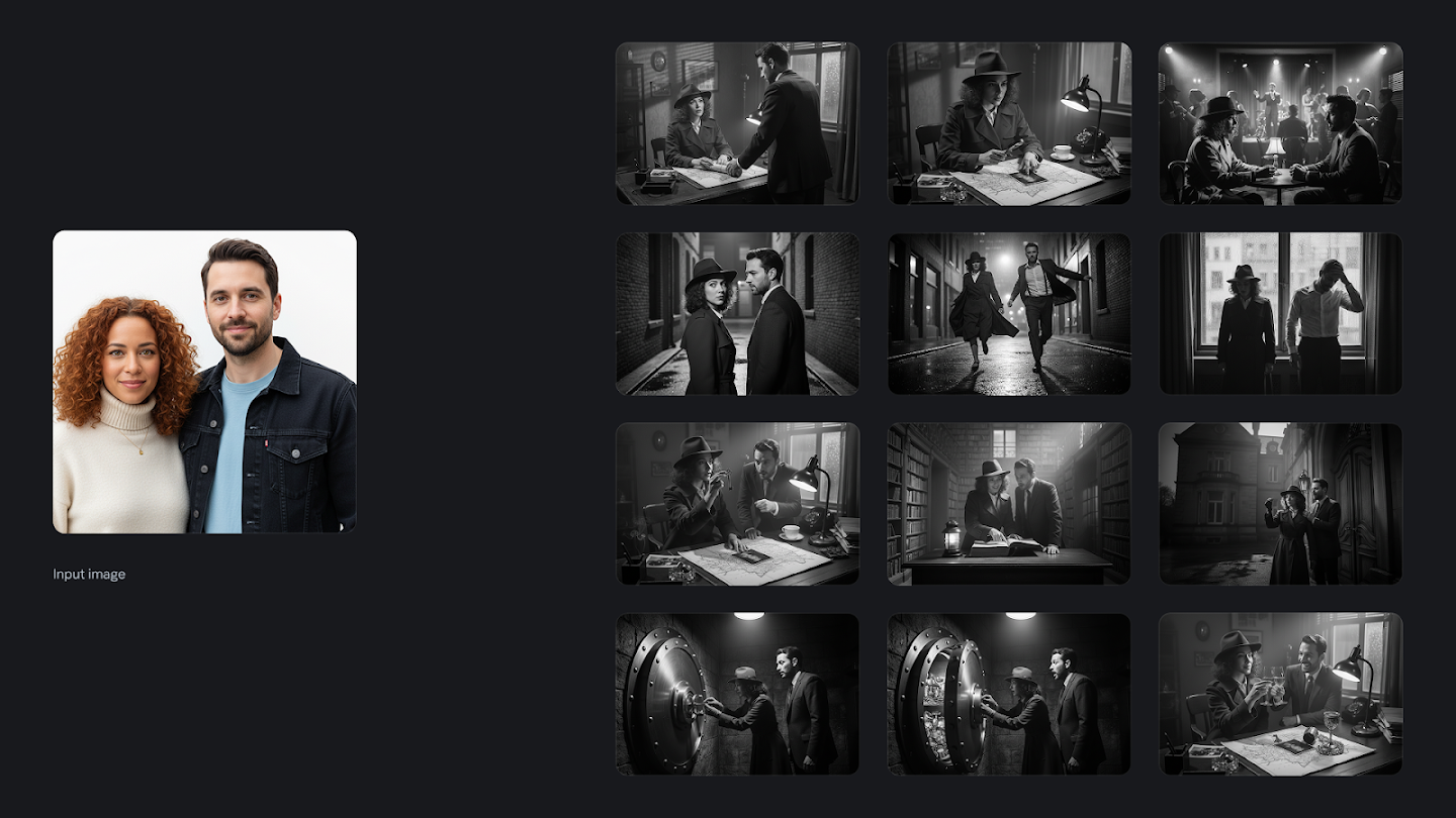 **Input Image:** A black and white photo of a man and a woman with curly red hair, posing together; the man wears a dark jacket, the woman a cream sweater. **Image Grid:** A 12-part black and white film noir detective story. Image 1: Female detective points at a map on a desk. Image 2: Female detective studies a map. Image 3: The duo looks at something on a table. Image 4: They examine a large book in a library. Image 5: They stand in a dark alley. Image 6: They run down a wet city street. Image 7: They look out a window, the man distressed. Image 8: They examine a large vault door. Image 9: The woman operates the vault dial. Image 10: The open vault reveals treasure; they are surprised. Image 11: They stand outside a grand building. Image 12: They toast each other across a desk of case files.