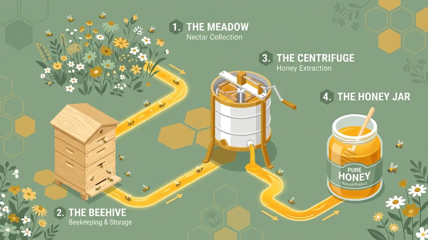 An isometric infographic titled "The Honey Production Process" illustrating four numbered stages: 1. The Meadow, where bees collect nectar from wildflowers; 2. The Beehive, showing a wooden Langstroth hive for beekeeping and storage; 3. The Centrifuge, where honey is extracted from frames using a hand-cranked machine; and 4. The Honey Jar, displaying a glass jar of "Pure Honey" with a wooden dipper, all connected by a glowing yellow path of flowing honey and flying bees.