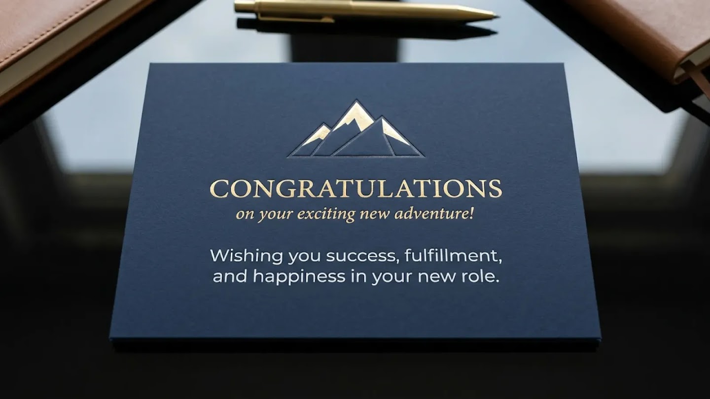A dark blue, textured card features a minimalist gold-foiled mountain logo at the top. Below the logo, the text reads "CONGRATULATIONS on your exciting new adventure!" in gold, followed by "Wishing you success, fulfillment, and happiness in your new role" in white