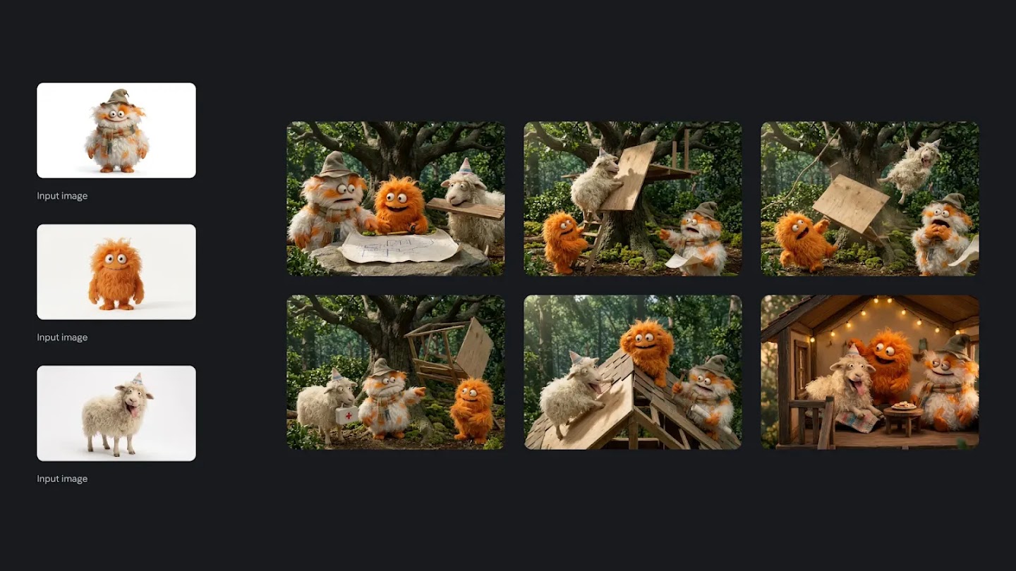 This image demonstrates the character consistency capabilities of an image generation model. On the left, there are three input images featuring distinct characters: a fluffy bipedal creature in a hat, a small orange monster, and a smiling sheep in a party hat.To the right, a grid of six generated images shows these same characters interacting in a forest setting, depicting a narrative sequence where they work together to build and eventually enjoy a small wooden cabin.