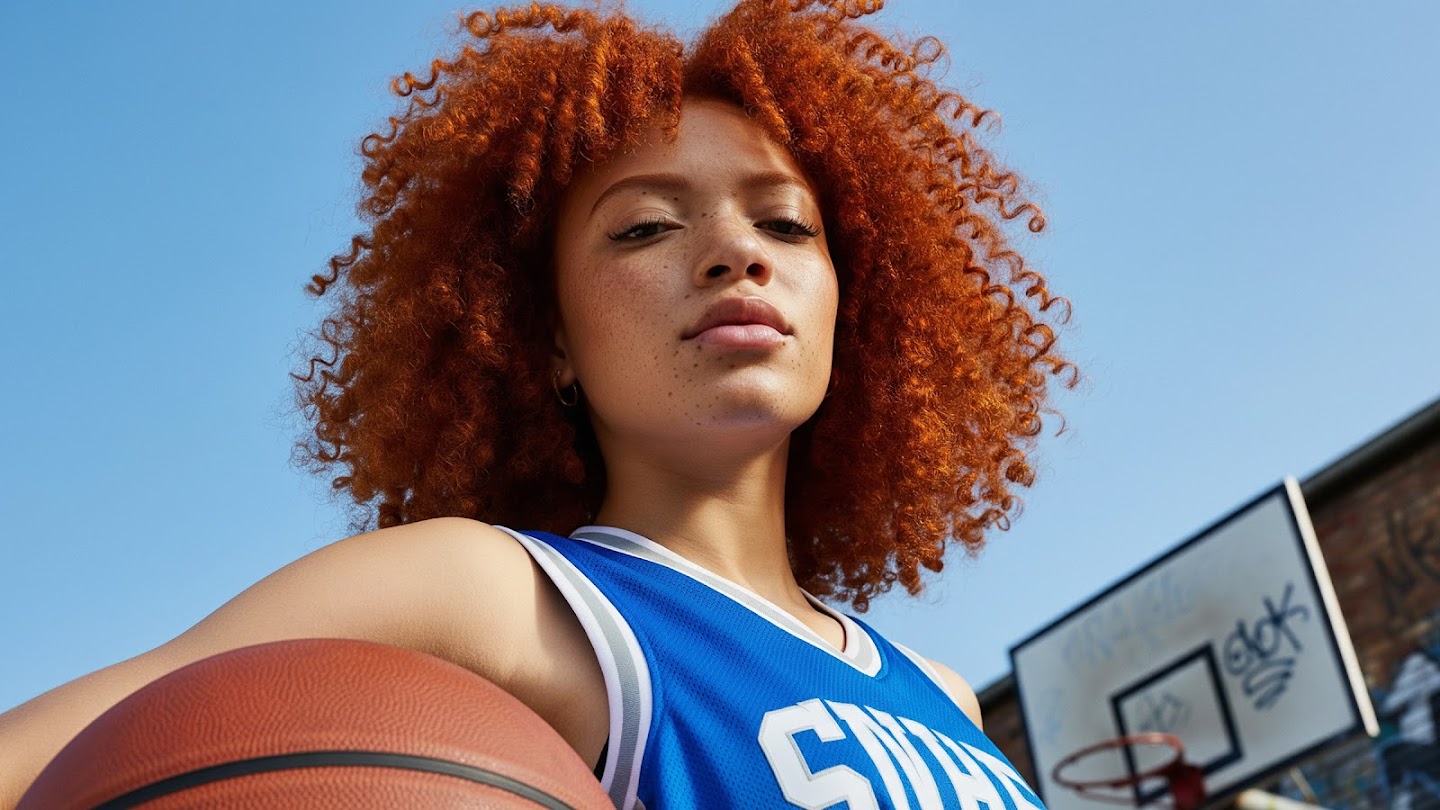 AI-generated image of: Low-angle, hyper-realistic portrait of a young woman with voluminous, individually defined strands of vibrant red curly hair and visible freckles on her skin. She holds a textured leather basketball while wearing a blue jersey, set against a sharp blue sky with a basketball hoop in the background.