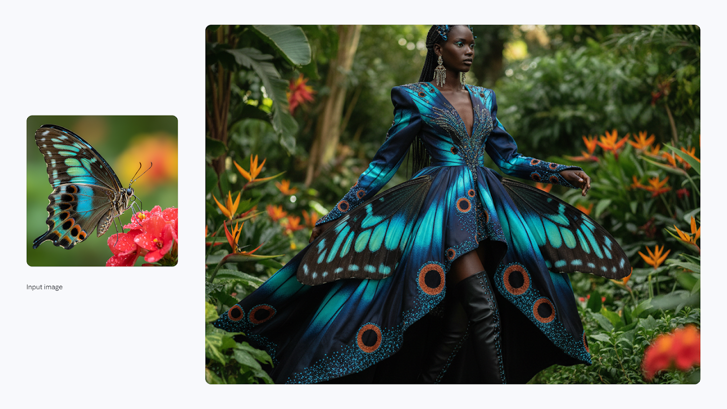 AI-generated image of: a side-by-side comparison. On the left is an input photo of a blue, black, and white butterfly on a red flower. On the right, the generated output shows a dark-skinned woman in a lavish, floor-length gown in the center of a lush botanical garden, with the gown's skirt patterned after the butterfly's wings in bright blue and black.