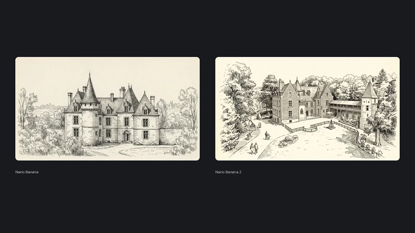 Two side-by-side black and white ink sketches of grand estates on a cream-colored background: the left image, labeled "Nano Banana," shows a classic stone chateau with a prominent circular turret and high-pitched gables; the right image, labeled "Nano Banana 2," depicts a larger manor complex with an attached covered walkway, a separate stone tower, and small figures of people walking along the grounds.