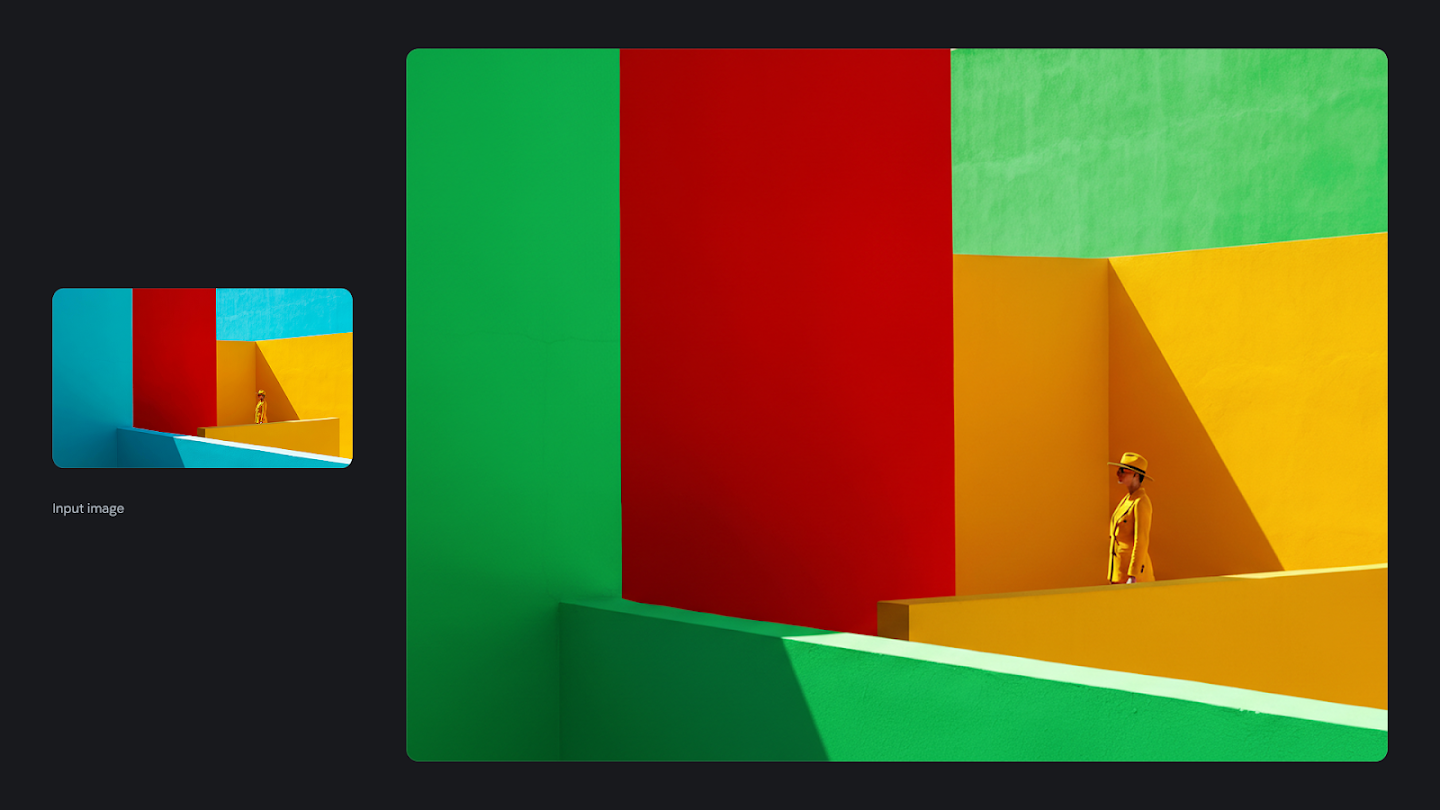 AI-generated image of: a side-by-side comparison showing image editing. On the left is a small input image of a woman in a yellow outfit standing in a minimalist architectural space defined by planes of bright red, yellow, and blue. On the right, the edited, full-size image shows the blue color changed to a bright green, creating a graphic composition of red, yellow, and two shades of green.