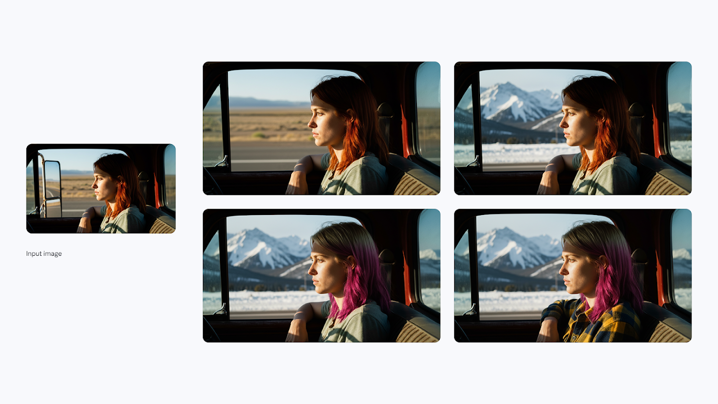  AI-generated image of: a layout demonstrating progressive AI edits. On the left is an input image of a woman with red hair in a car looking out at a desert landscape. On the right, a 2x2 grid shows cumulative edits: first removing the car's side mirror, then changing the landscape to snowy mountains, next dyeing her hair cool blond and magenta, and finally changing her green shirt to a yellow and blue flannel shirt.