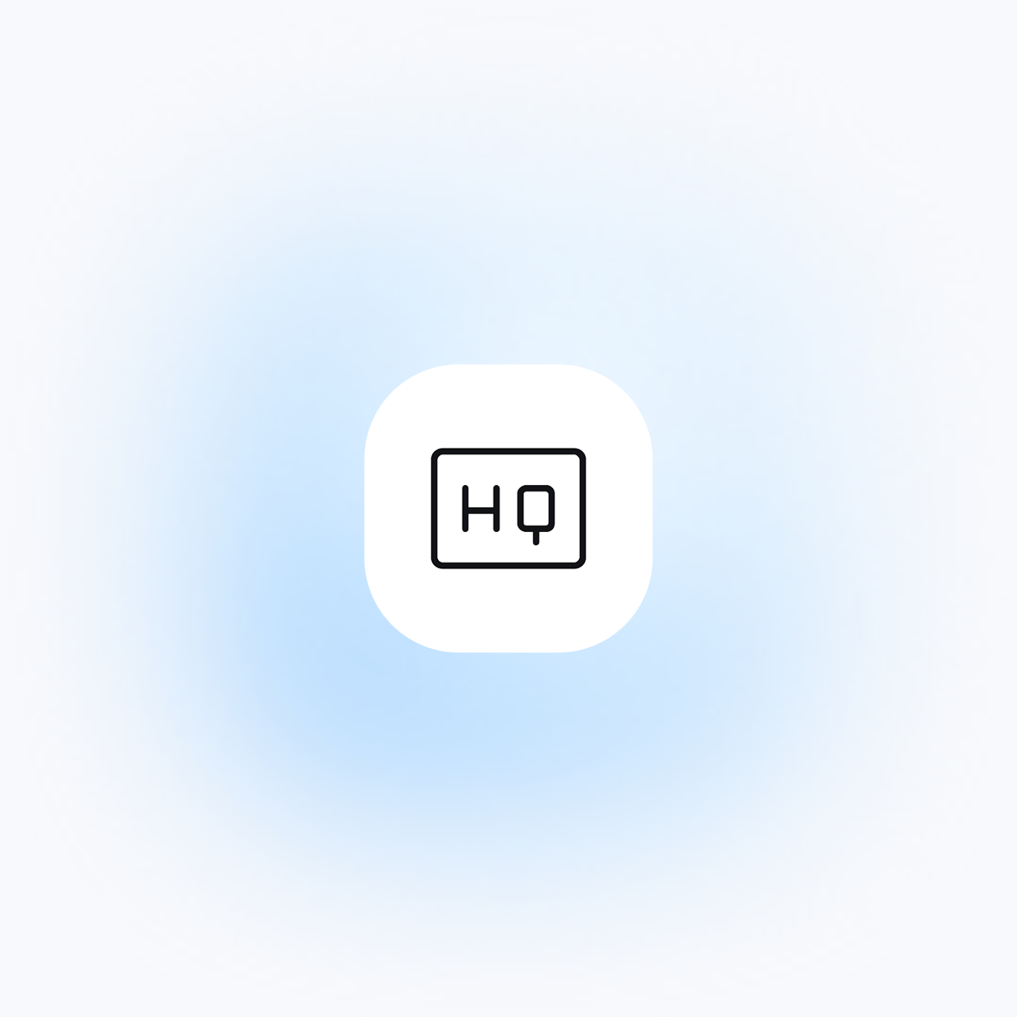 A minimalist HQ icon representing high-quality performance on a light blue background.