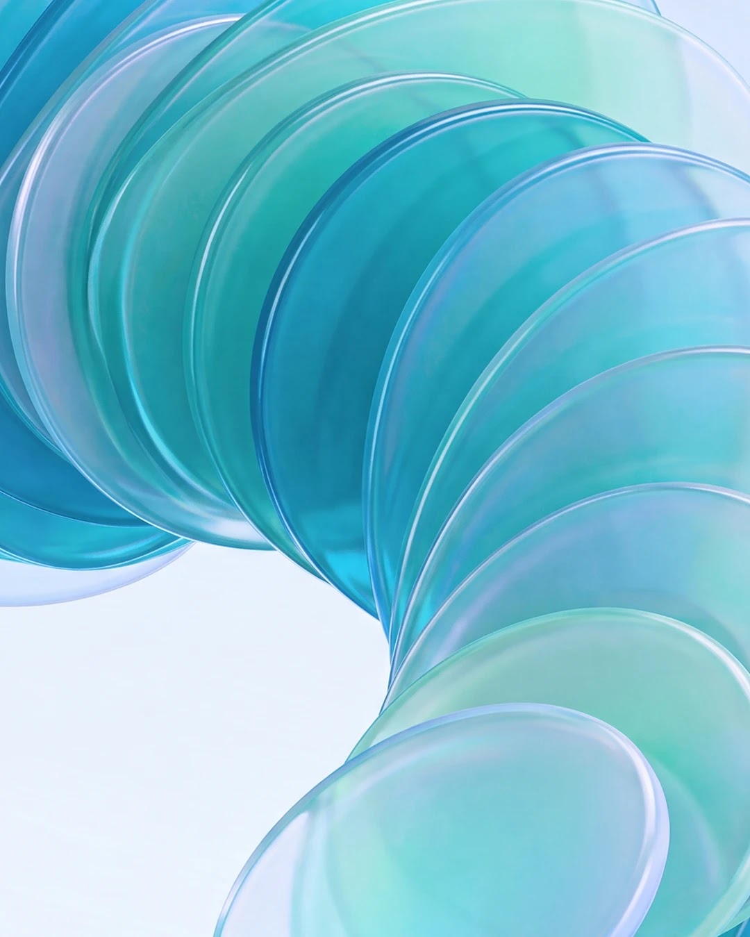 An abstract 3D illustration of stacked, translucent glass discs in shades of blue and green, representing the structured layers of the Frontier Safety Framework.