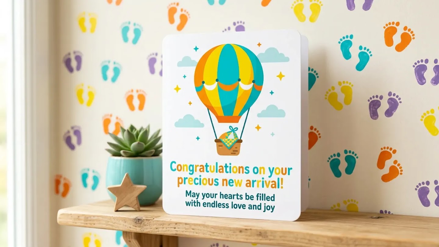  A vertical white card on a wooden shelf features a colorful hot air balloon graphic. The text reads: "Congratulations on your precious new arrival! May your hearts be filled with endless love and joy". The background wall is decorated with colorful baby footprint decals.