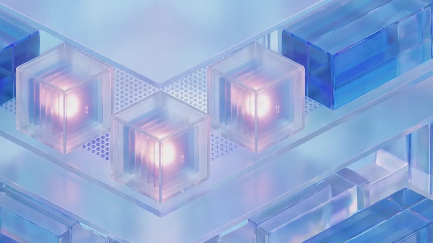 An abstract 3D render of glowing, translucent cubes arranged on layered, semi-transparent blue glass panels.