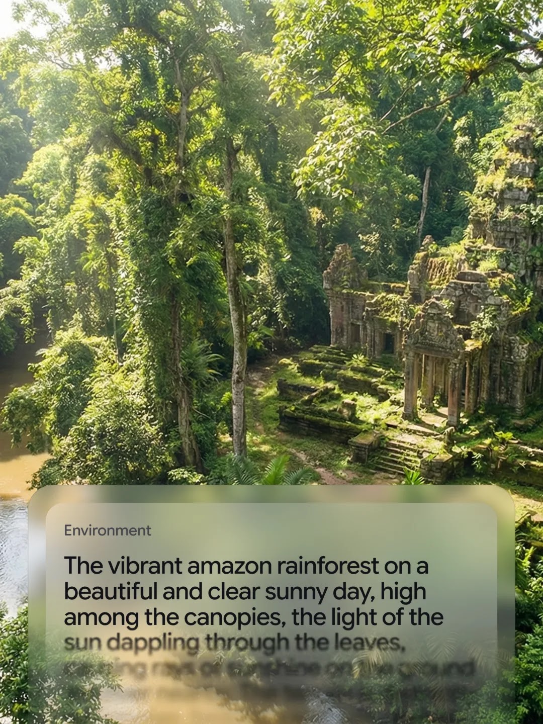 A wide-angle, high-perspective shot of a dense Amazonian rainforest canopy. Sunlight dapples through the bright green leaves of towering trees, overlooking a winding river below. To the right, moss-covered, ancient stone temple ruins are nestled into the hillside. An overlay at the bottom contains the text: 