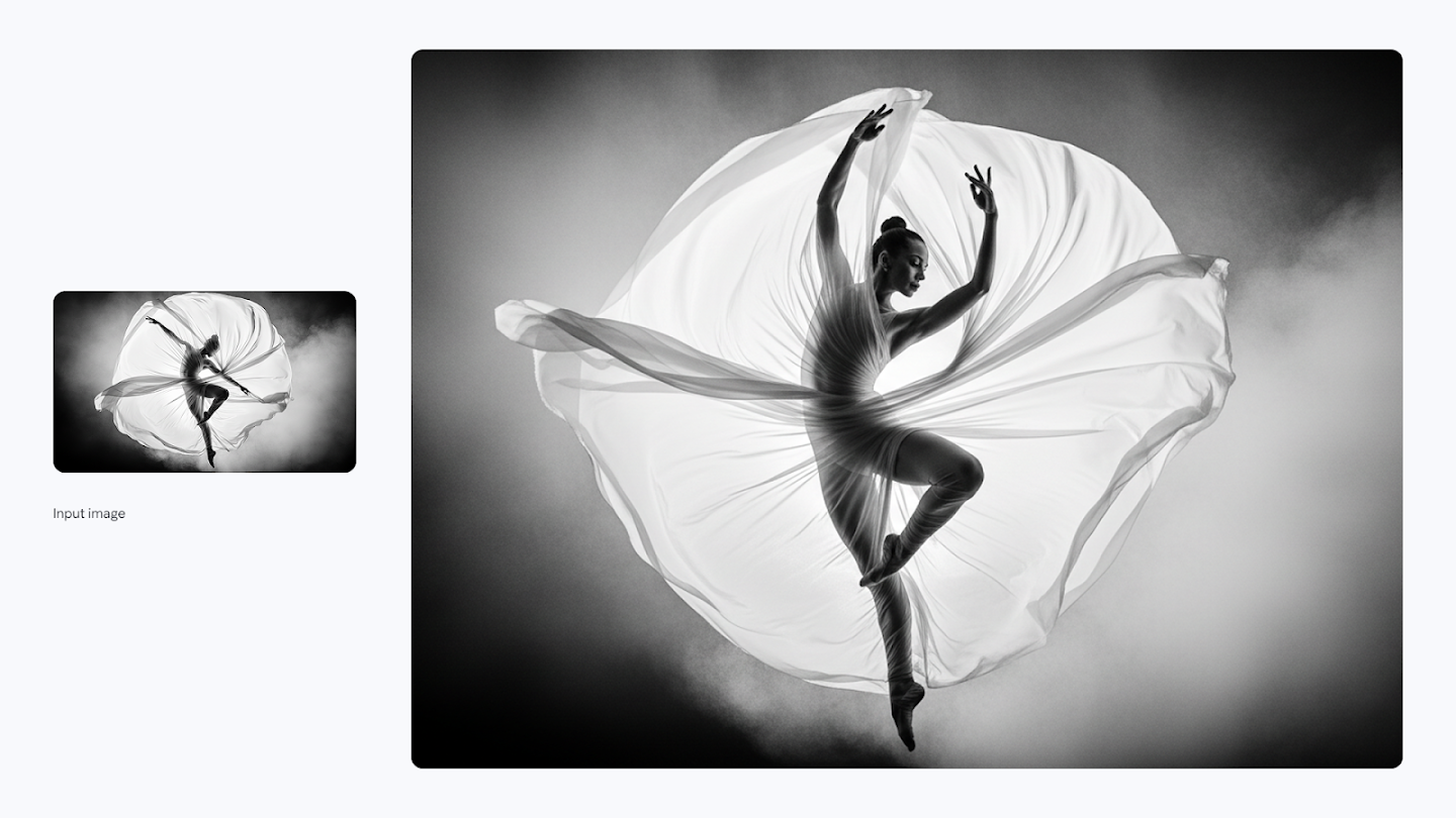 AI-generated image of: a side-by-side comparison showing image editing. On the left is a small input image of a ballerina mid-leap, surrounded by swirling sheer fabric. On the right, the edited, full-size image shows the same ballerina in a different pose, with her arms dramatically raised above her head, still wrapped in the flowing fabric in a black and white image.