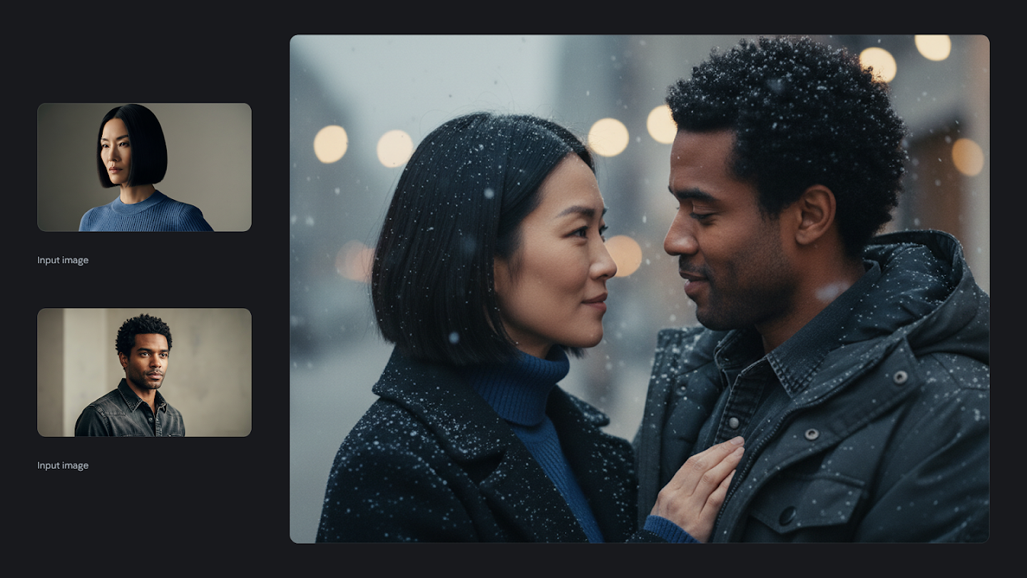 AI-generated image of: a side-by-side comparison showing image merging. On the left are two separate input images: one a headshot of a woman with short dark hair in a blue sweater, and the other a headshot of a man with dark curly hair in a black shirt. On the right, the generated output shows a close-up romantic scene of the man and woman holding each other outdoors in falling snow, with a blurred background of warm streetlights.