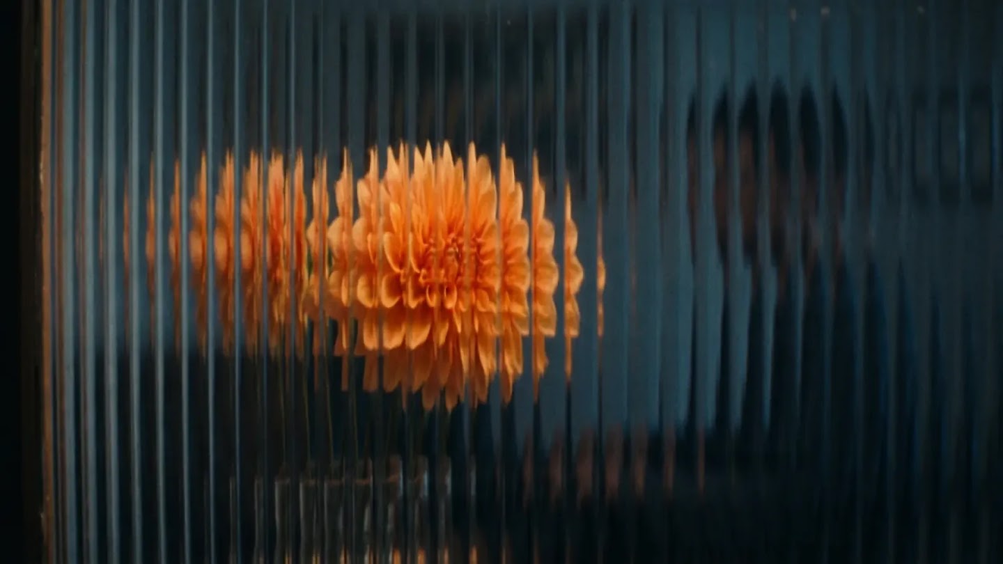 A vibrant orange dahlia flower is seen through a sheet of fluted glass, which creates a repetitive, distorted pattern across the frame. To the right, the blurred silhouettes of people are visible in the background, adding a sense of depth and mystery.