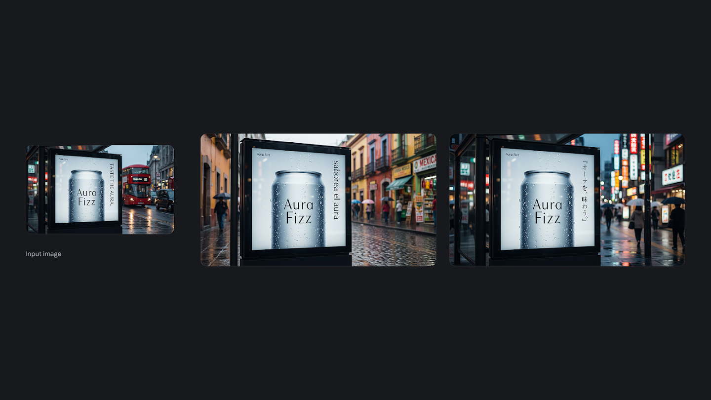 Three panels showing the localization of an outdoor digital billboard for a drink called 'Aura Fizz.' The first panel shows the ad in English ('TASTE THE AURA') on a rainy London street with a double-decker bus; the middle panel shows the ad in Spanish ('saborea el aura') on a colorful colonial street; the third panel shows the ad in Japanese in a neon-lit urban setting.