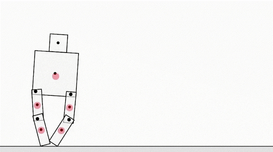 A simple robot, made up of blocks in a human shape. From standing, its legs fold into a W shape underneath it, and it slides across the screen on its side.