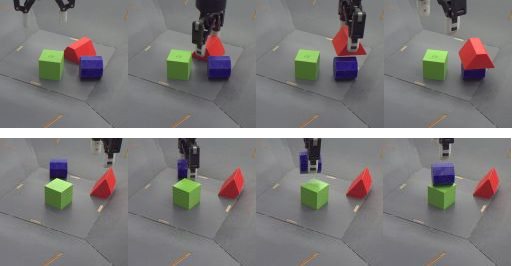 A green cube, red trapezoid and purple 3D octagon are placed on a grey floor. The image is replicated eight times, showing a black grabber pick up and put down each object from above.