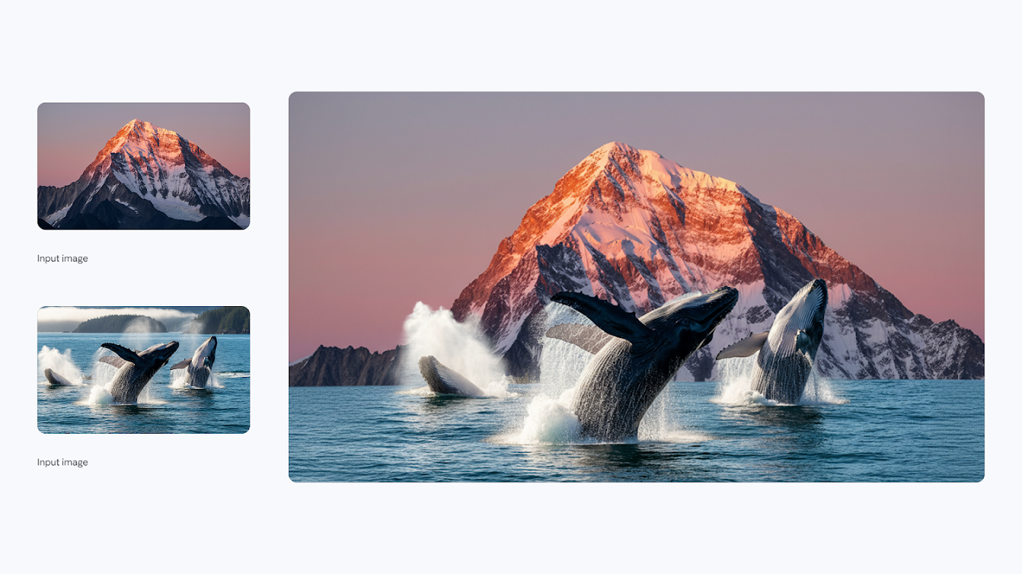AI-generated image of: a side-by-side comparison showing image merging. On the left are two separate input images: one of a snow-capped mountain at sunset, and the other of three humpback whales breaching in the ocean. On the right, the generated output merges the scenes, showing the whales breaching in the water with the large, snow-capped mountain as the backdrop against a sunset sky.