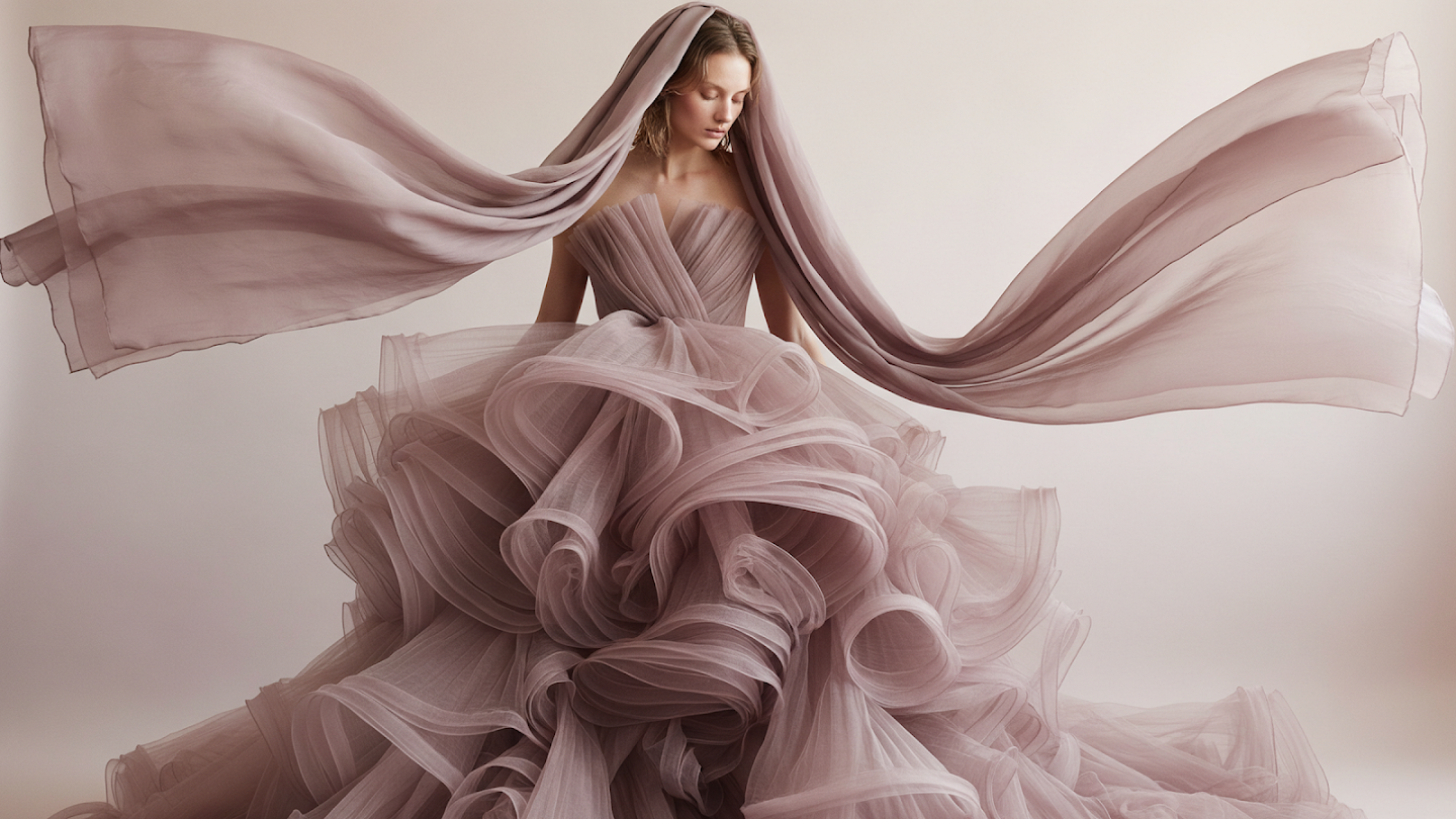 AI-generated image of: a woman wearing an extravagant dusty rose gown made of countless layers of ruffled, sheer tulle, with a long, gauzy veil flowing dynamically upward in the air