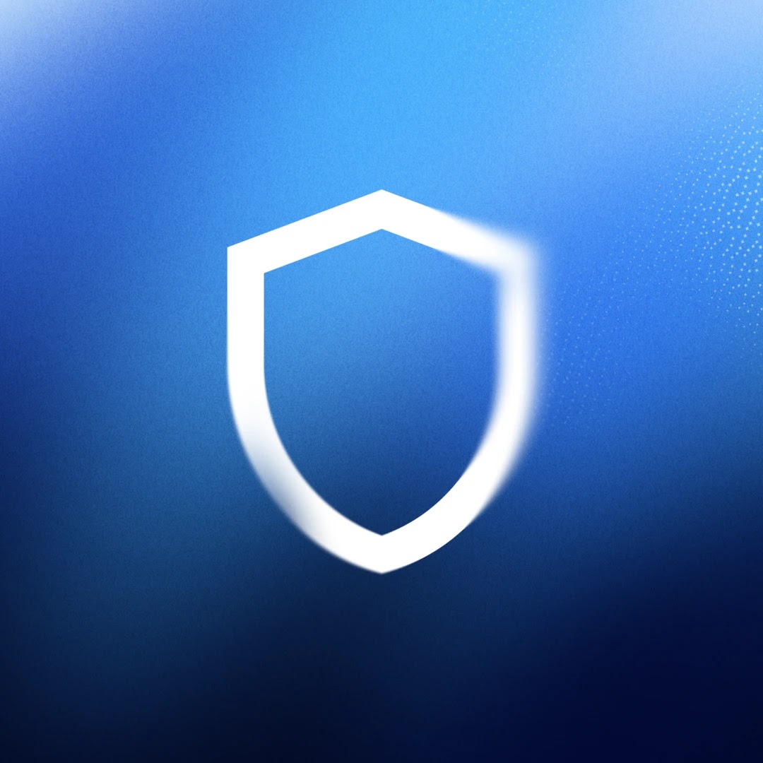 A glowing white shield icon on a textured blue gradient background.