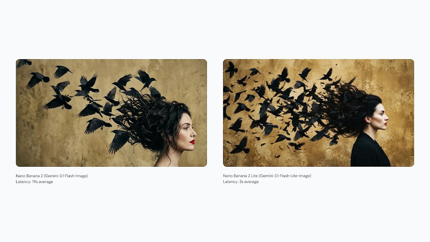 Side-by-side comparison of images generated by Nano Banana 2 and Nano Banana 2 Lite, depicting a woman's dark hair transforming into a flock of flying black birds against a textured gold background.